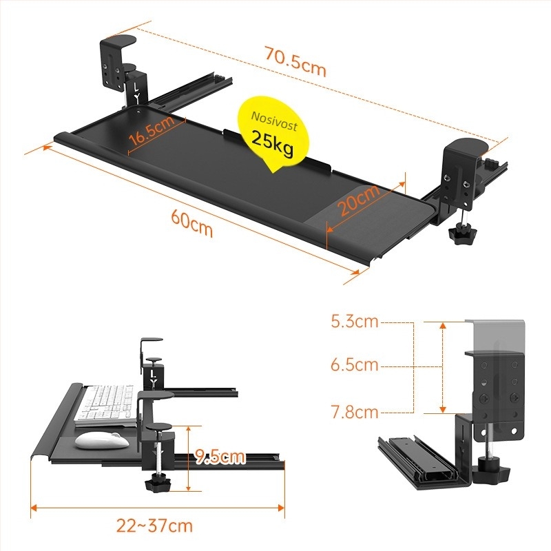 Polica za tipkovnicu ispod stola s produženim vodilicama, bez bušenja; Materijal: hladno valjani čelik; Model: 135; Stil: moderni i minimalisticki; Marka: Huibaili hardware