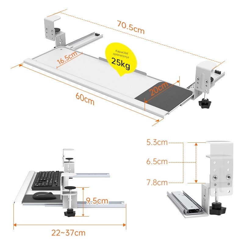 Polica za tipkovnicu ispod stola s produženim vodilicama, bez bušenja; Materijal: hladno valjani čelik; Model: 135; Stil: moderni i minimalisticki; Marka: Huibaili hardware