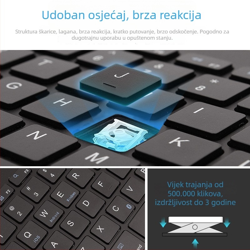 Bežična Bluetooth tipkovnica s držačem za potporu, kompatibilna s mobitelima, tabletima i prijenosnim računalima; ergonomski dizajn; težina 600 g
