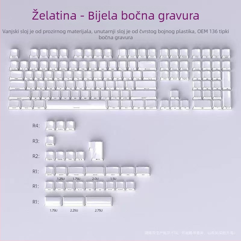 Crystal Jelly set kapica za tipke s bočnim graviranjem, ABS, 136 tipki, univerzalna kompatibilnost, jednogodišnja garancija