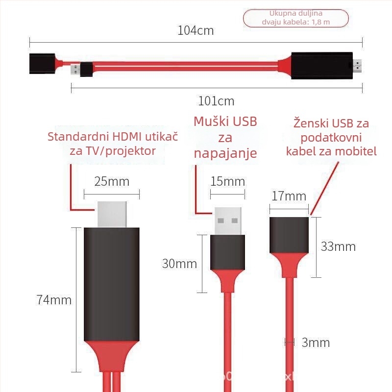 Type-C na HDMI adapter za HDTV zrcaljenje zaslona, izlaz 1080p, HDMI sučelje, USB-C ulaz, bežično zrcaljenje, podrška iOS/Android/Windows