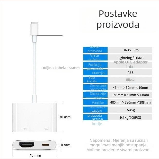Kabl Lightning na HDMI adapter za Apple uređaje – HDMI sučelje, čip AM8268, 5Gbps, bakreno jezgro, duljina 0,1 m