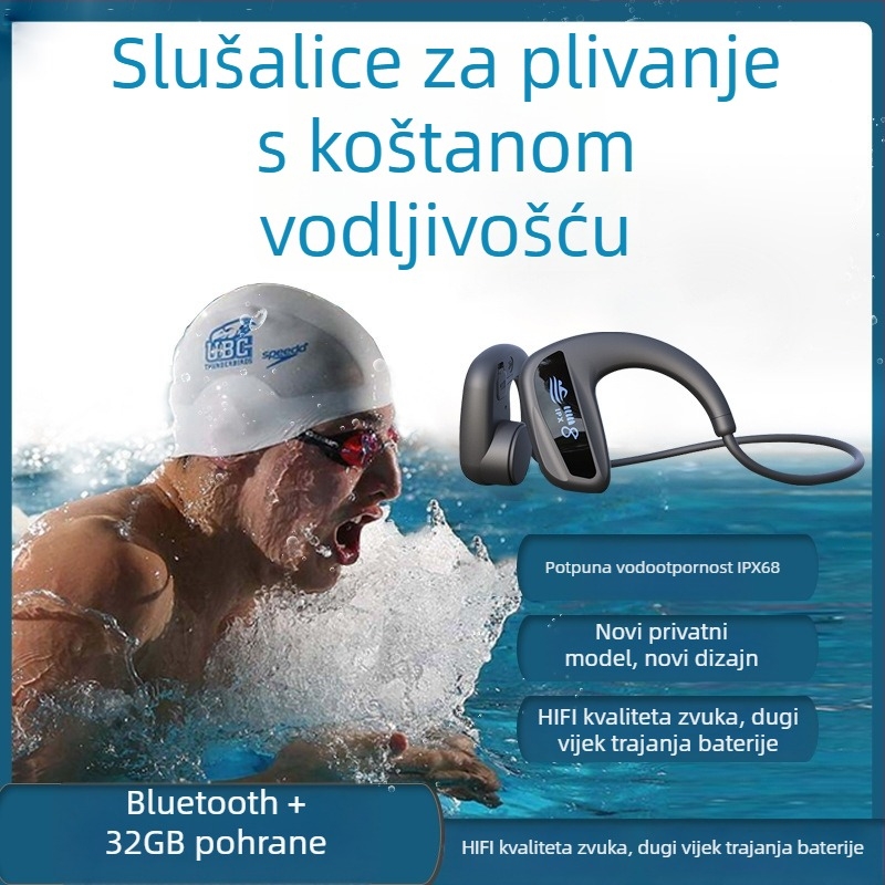 Slušalice s koštanom provodljivošću Bluetooth, IPX8 vodootporne, doseg 10 m, trajanje baterije više od 8 sati, Bluetooth 5.4