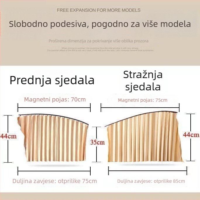 Auto zavjesa za bočno staklo s magnetskim ugradom, PMMA materijal, za namijenjena vozila