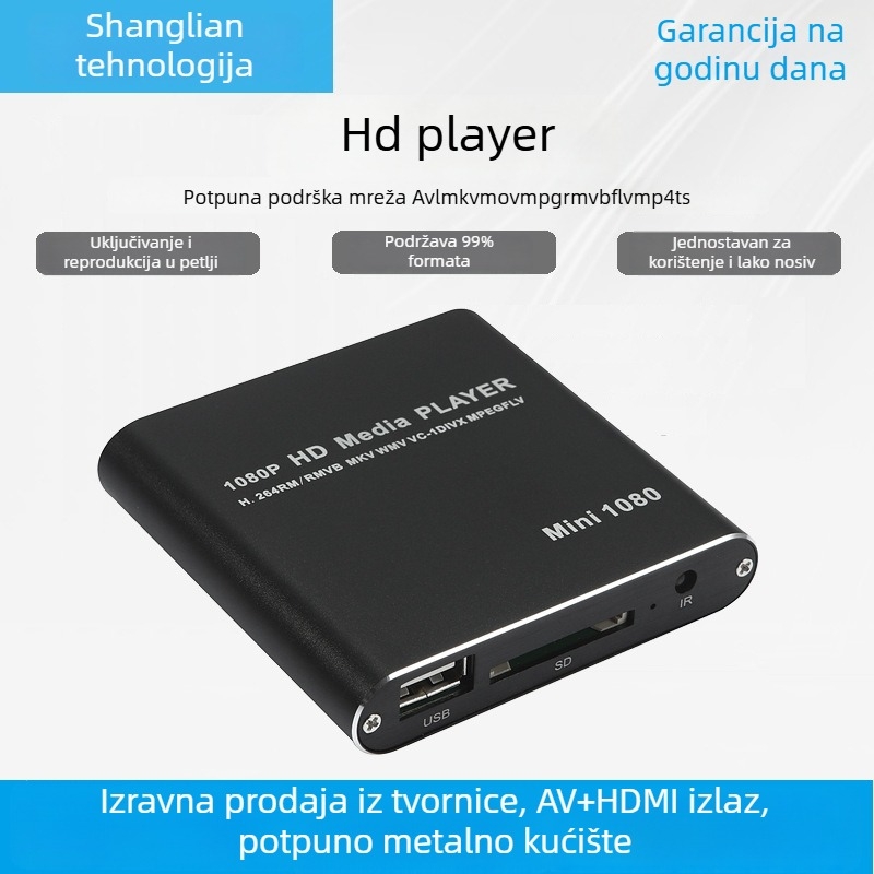 Mini 1080p Full HD multimedijalni player s podrškom za USB HDD i SD/MMC kartice — HDMI izlaz, 1920x1080, procesor F10, 128MB memorije, video formati MPEG/RMVB/MP4/MKV; audio MP3/WMA/FLAC