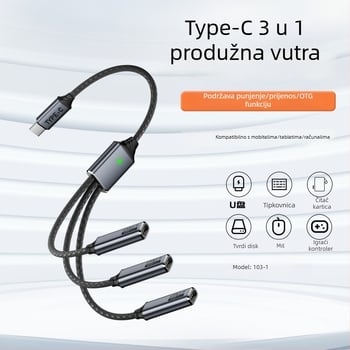 USB-C 3-portni kabel za razdvajanje podataka s OTG i podrškom za U-Disk, USB 2.0, 480 Mbps, bakreno jezgro