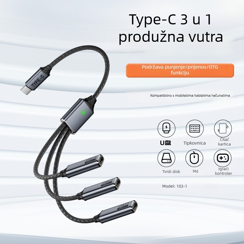 USB-C 3-portni kabel za razdvajanje podataka s OTG i podrškom za U-Disk, USB 2.0, 480 Mbps, bakreno jezgro