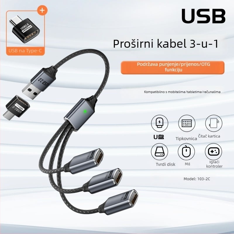 USB-C 3-portni kabel za razdvajanje podataka s OTG i podrškom za U-Disk, USB 2.0, 480 Mbps, bakreno jezgro