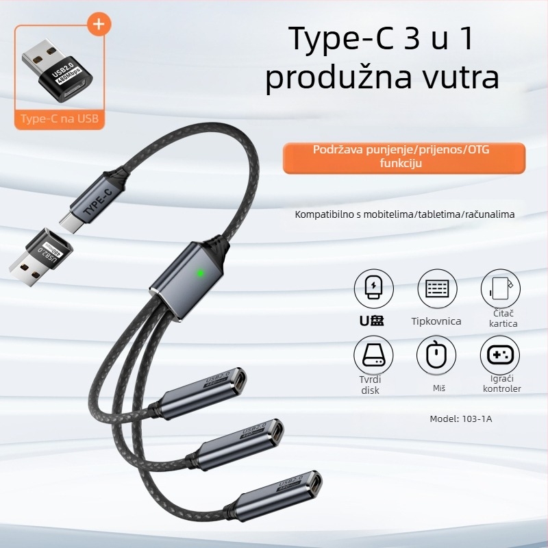 USB-C 3-portni kabel za razdvajanje podataka s OTG i podrškom za U-Disk, USB 2.0, 480 Mbps, bakreno jezgro