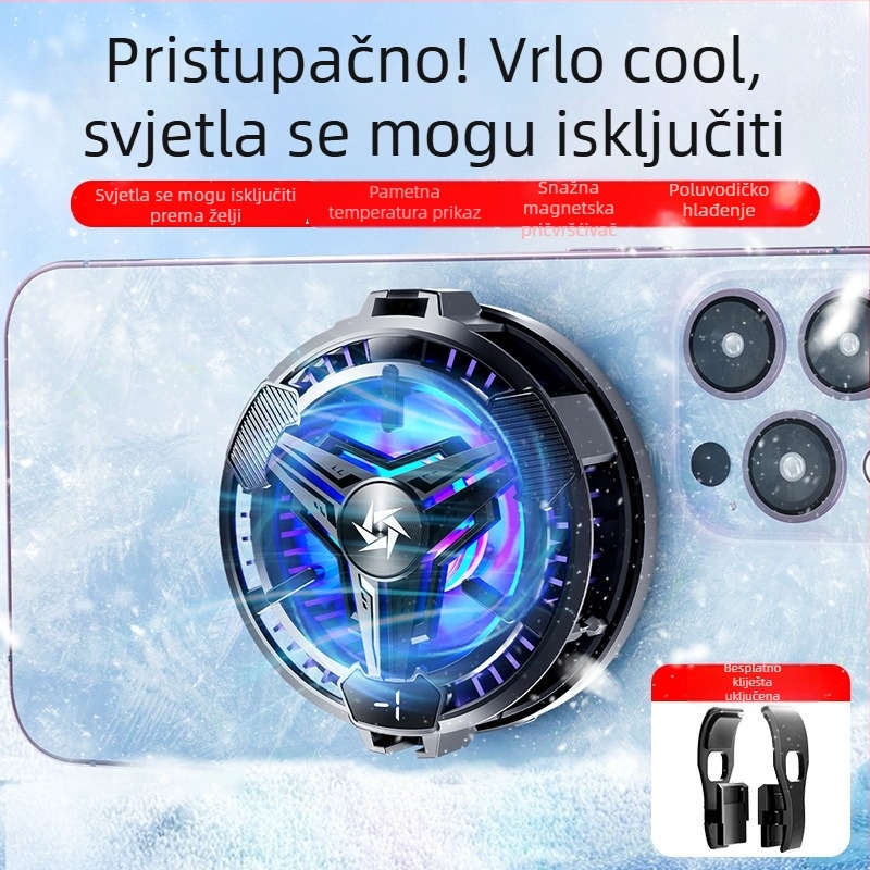 Chladič za mobitel s magnetskim RGB osvjetljenjem, tih rad i prikaz temperature (Metal+ABS)