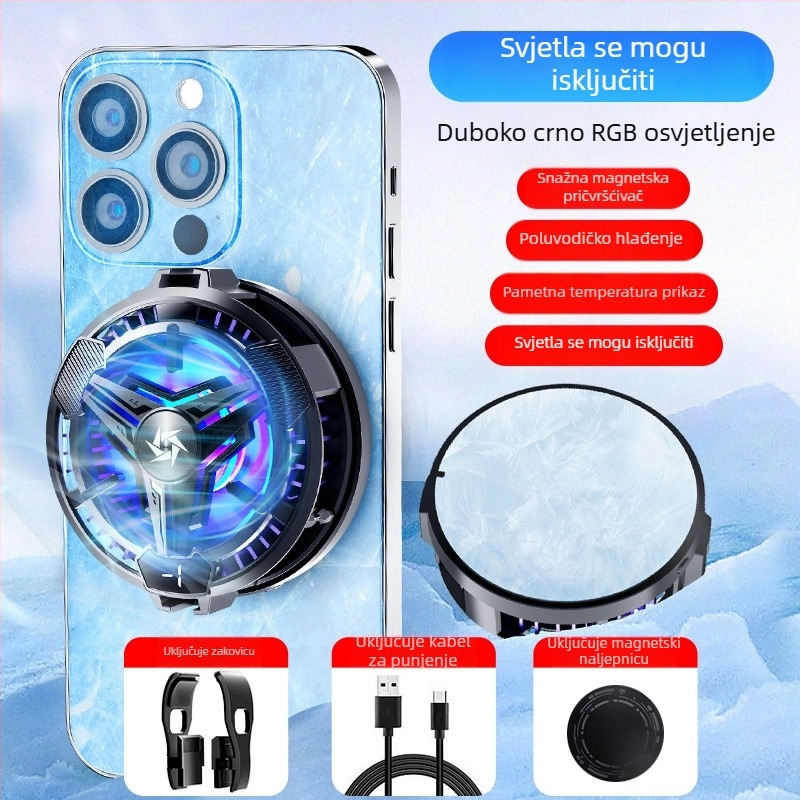 Chladič za mobitel s magnetskim RGB osvjetljenjem, tih rad i prikaz temperature (Metal+ABS)