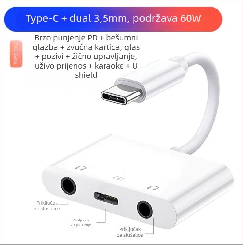 Dualni Type-C adapter 3-u-1 s izlazom od 3,5 mm i PD60W brzim punjenjem HWY-133