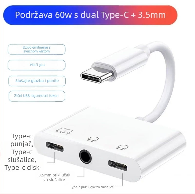 Dualni Type-C adapter 3-u-1 s izlazom od 3,5 mm i PD60W brzim punjenjem HWY-133