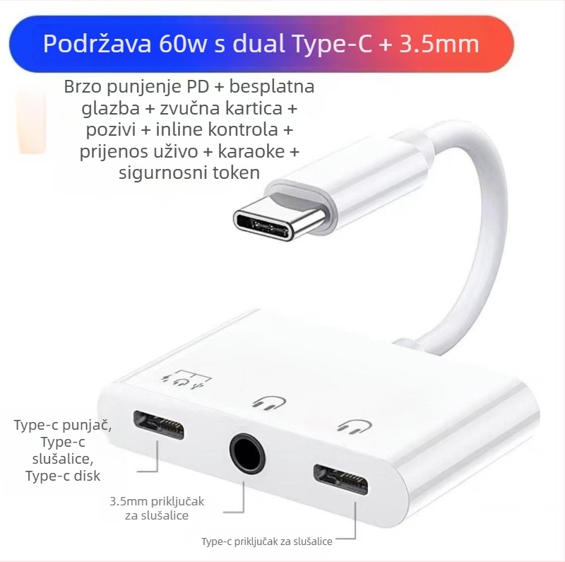 Dualni Type-C adapter 3-u-1 s izlazom od 3,5 mm i PD60W brzim punjenjem HWY-133