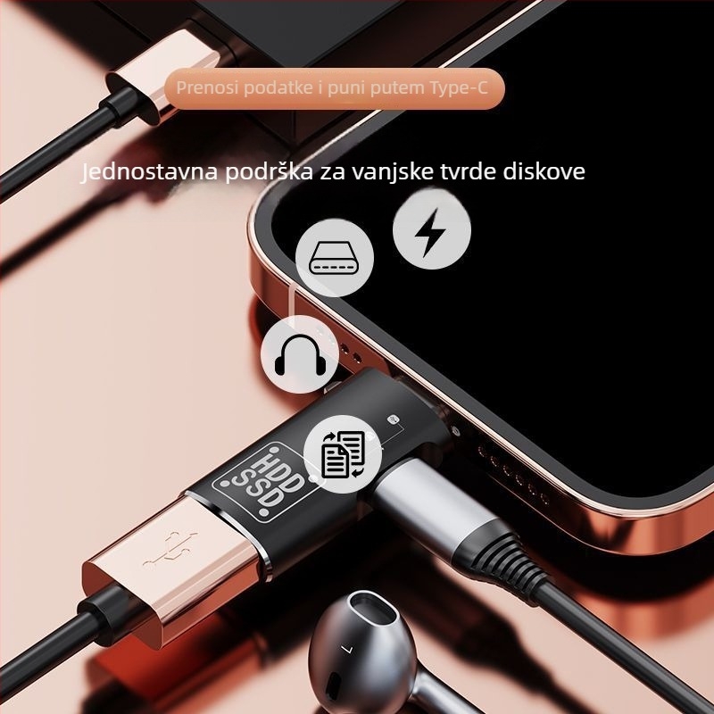 2-u-1 USB-C OTG adapter s USB-A priključkom za prijenos podataka i napajanje, podržava vanjski tvrdi disk, tipkovnicu i miš za mobilne telefone