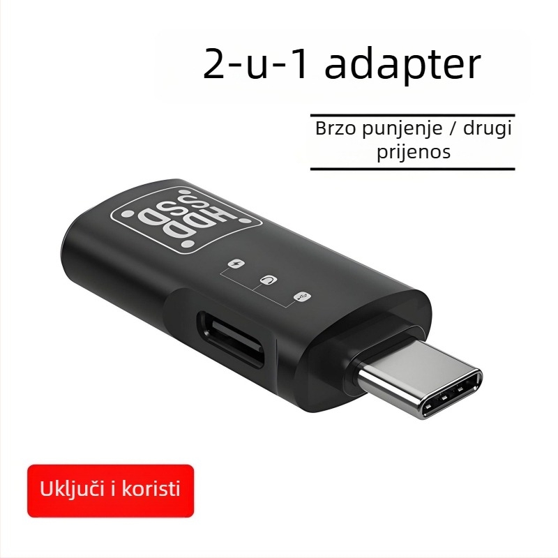 2-u-1 USB-C OTG adapter s USB-A priključkom za prijenos podataka i napajanje, podržava vanjski tvrdi disk, tipkovnicu i miš za mobilne telefone