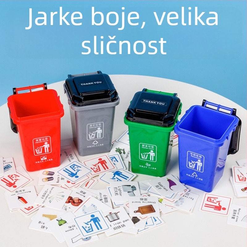 Dječji set igara za razvrstavanje otpada — 108 kartica, PP materijal, pakiranje u šarenoj kutiji, stolni spremnik za otpad rekvizita za predškolsku edukaciju, uzrast 4–6 godina