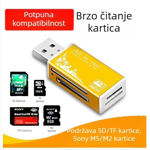 All-in-One USB čitač kartica s USB 2.0, vanjska instalacija, podržava CF/SD/TF/MicroSD/MMC