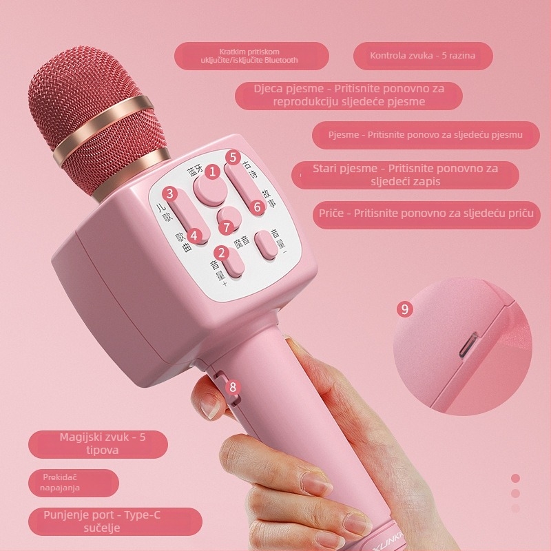 Bežični Bluetooth dječji mikrofon s karikaturalnim dizajnom i ugrađeni zvučnik — karaoke igračka, ABS materijal, za uzrast 7–14 godina