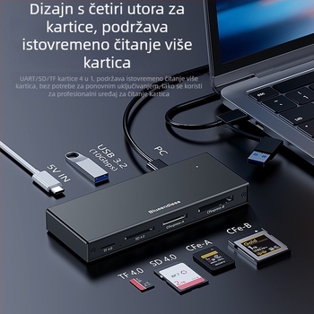 Pet-portni USB 3.2 visokorazinski čitač kartica s podrškom CF/SD/TF, USB-C/USB dvostruki konektor, aluminijski legura kućište, 5V napajanje