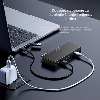 Pet-portni USB 3.2 visokorazinski čitač kartica s podrškom CF/SD/TF, USB-C/USB dvostruki konektor, aluminijski legura kućište, 5V napajanje