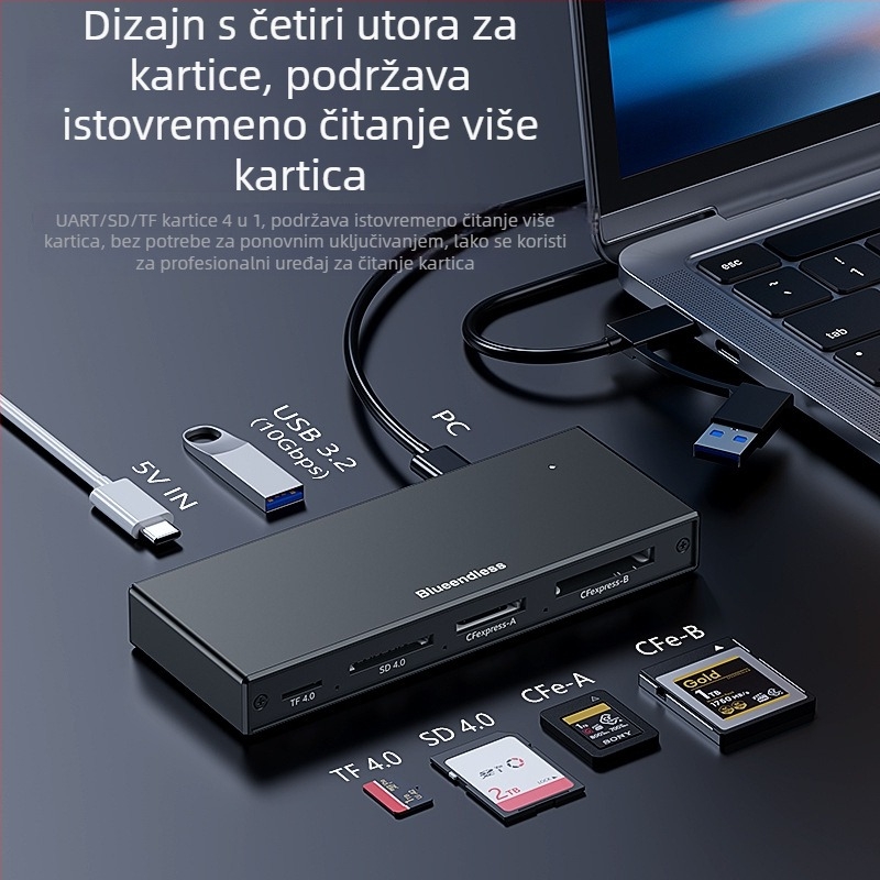 Pet-portni USB 3.2 visokorazinski čitač kartica s podrškom CF/SD/TF, USB-C/USB dvostruki konektor, aluminijski legura kućište, 5V napajanje