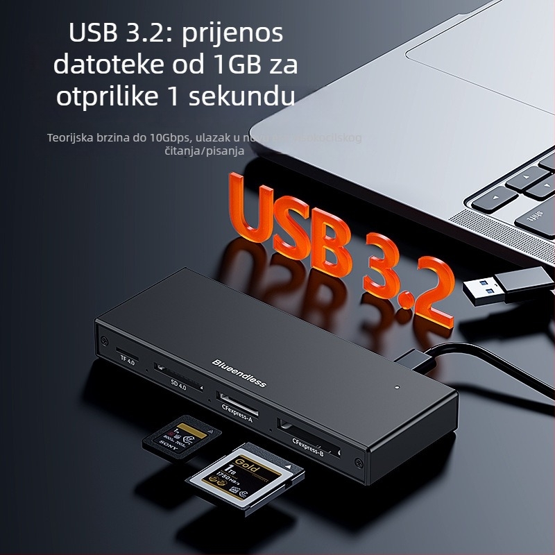 Pet-portni USB 3.2 visokorazinski čitač kartica s podrškom CF/SD/TF, USB-C/USB dvostruki konektor, aluminijski legura kućište, 5V napajanje