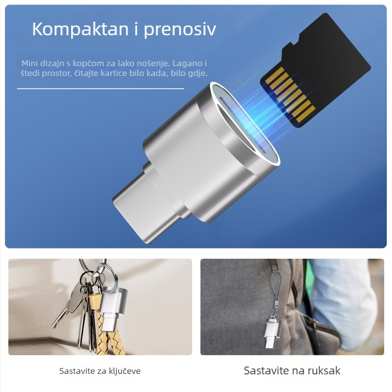 TYPE-C čitač kartica za mobitel, podrška TF kartice, USB 2.0 OTG, vanjsko metalno kućište