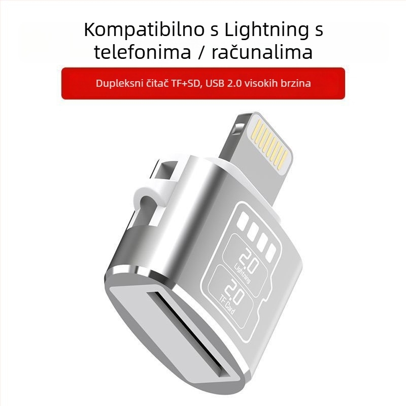 SD/TF čitač kartica sa svjetlom – Lightning sučelje, aluminijska legura, vanjska ugradnja, 20 g
