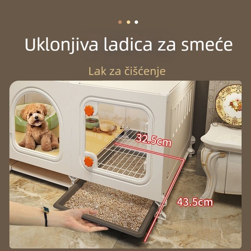 Kavez za manje pse s ugrađenim toaletom i kućicom za unutarnju upotrebu, konstrukcija od žičane mreže