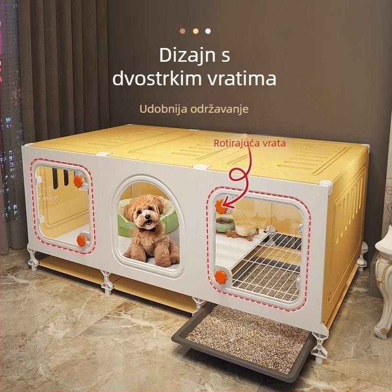 Kavez za manje pse s ugrađenim toaletom i kućicom za unutarnju upotrebu, konstrukcija od žičane mreže