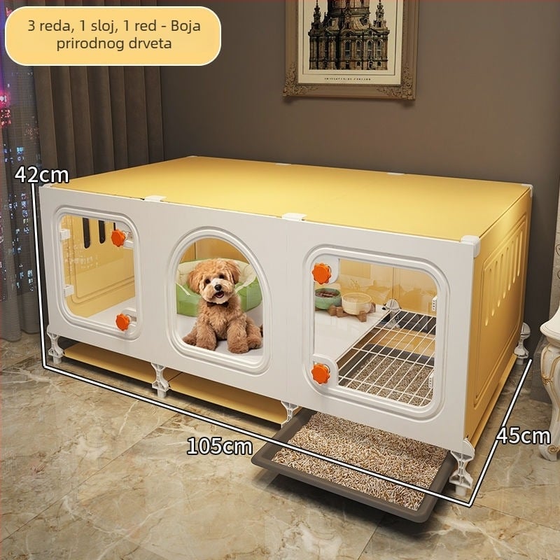 Kavez za manje pse s ugrađenim toaletom i kućicom za unutarnju upotrebu, konstrukcija od žičane mreže