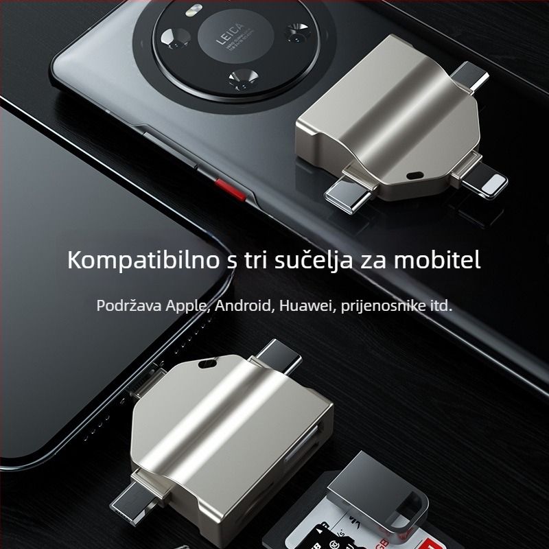 All-in-One čitač kartica USB 2.0 OTG adapter za SD/TF, cinkova legura, model P-7O, USB-C/Apple/Android OTG kompatibilnost