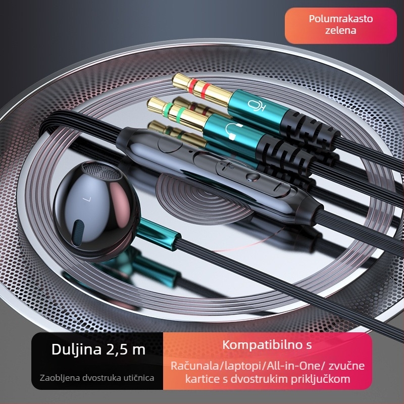 Ušni žični PC headset s 14,2 mm driverima, dvostruki 3,5 mm utor, kabel 2,5 m, mikrofon