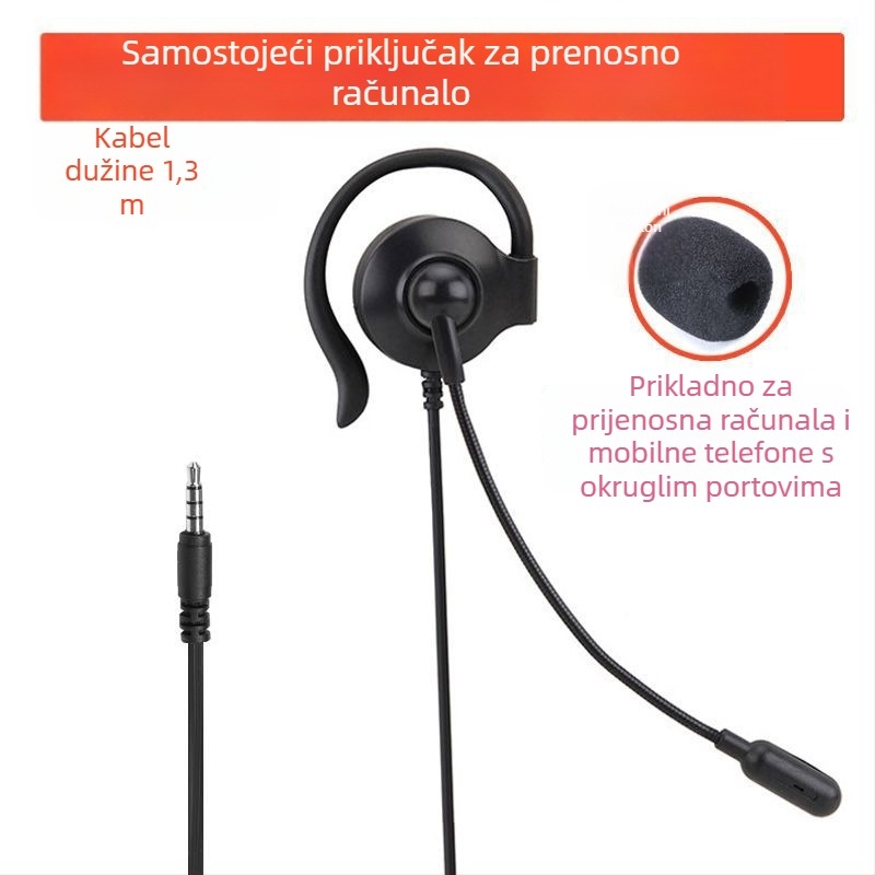 Slušalica za jedno uho s kukom za uho, žična s mikrofonom, za pozive, kompatibilna s mobitelima i računalima, L-konektor