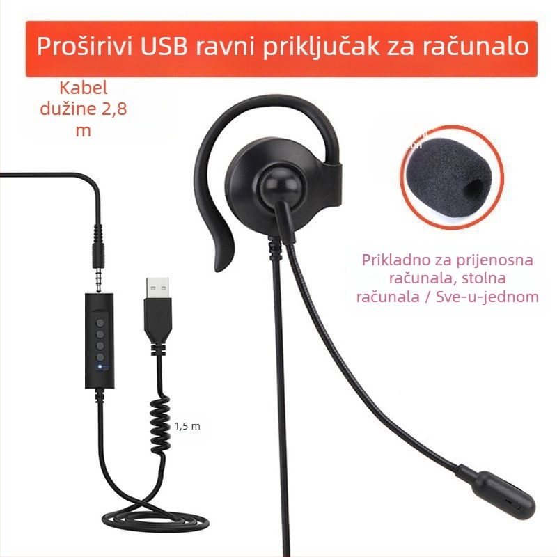 Slušalica za jedno uho s kukom za uho, žična s mikrofonom, za pozive, kompatibilna s mobitelima i računalima, L-konektor