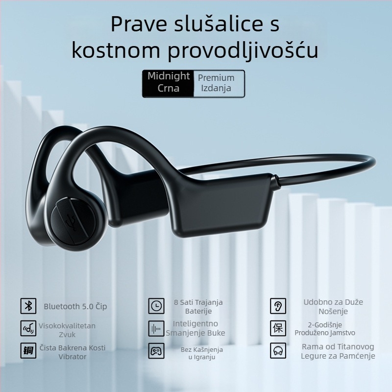 Slušalice s kostnom vodljivosti, kuka za uho, bežične za trčanje, doseg 10 m, Bluetooth 5.3, trajanje baterije >8 h, redukcija buke
