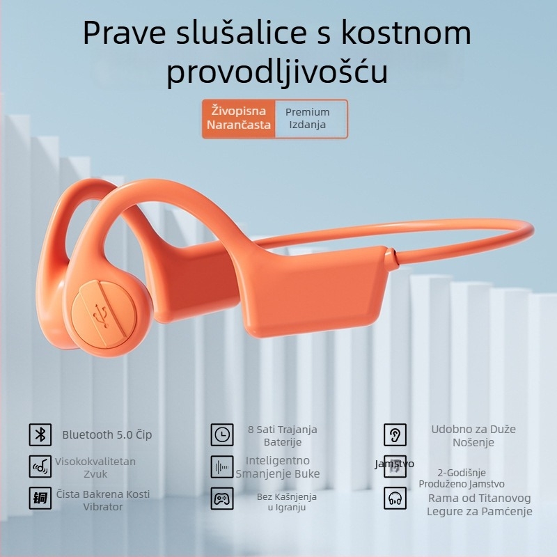 Slušalice s kostnom vodljivosti, kuka za uho, bežične za trčanje, doseg 10 m, Bluetooth 5.3, trajanje baterije >8 h, redukcija buke