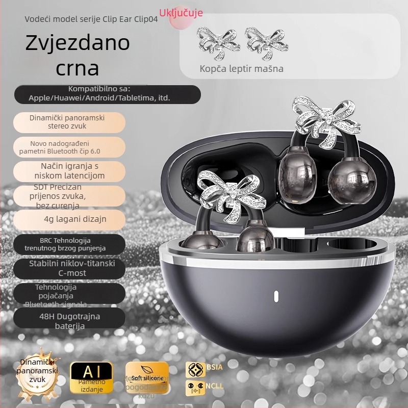Bežične Bluetooth slušalice s klipsom za uho u obliku mašne, redukcija šuma, AI prijevod