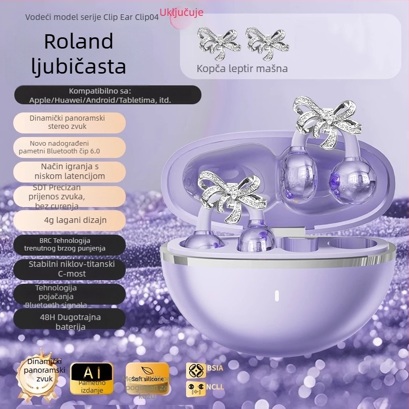 Bežične Bluetooth slušalice s klipsom za uho u obliku mašne, redukcija šuma, AI prijevod