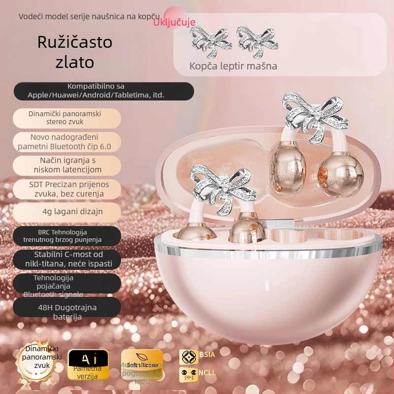Bežične Bluetooth slušalice s klipsom za uho u obliku mašne, redukcija šuma, AI prijevod
