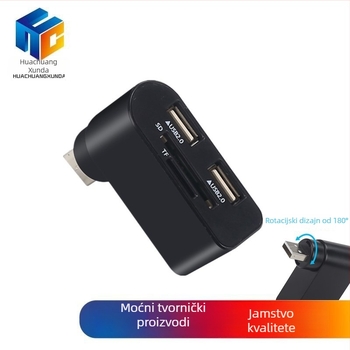 HCXD Hub+ USB 2.0 3-portni HUB s rotirajućim dizajnom i višenamjenskim čitačem kartica — 480 Mbps, napajanje putem USB-a