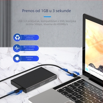 Vanjska kutija za SSD SATA s USB 3.0 i Type-C, aluminijska legura + ABS, do 4TB, prijenos do 6 Gbps