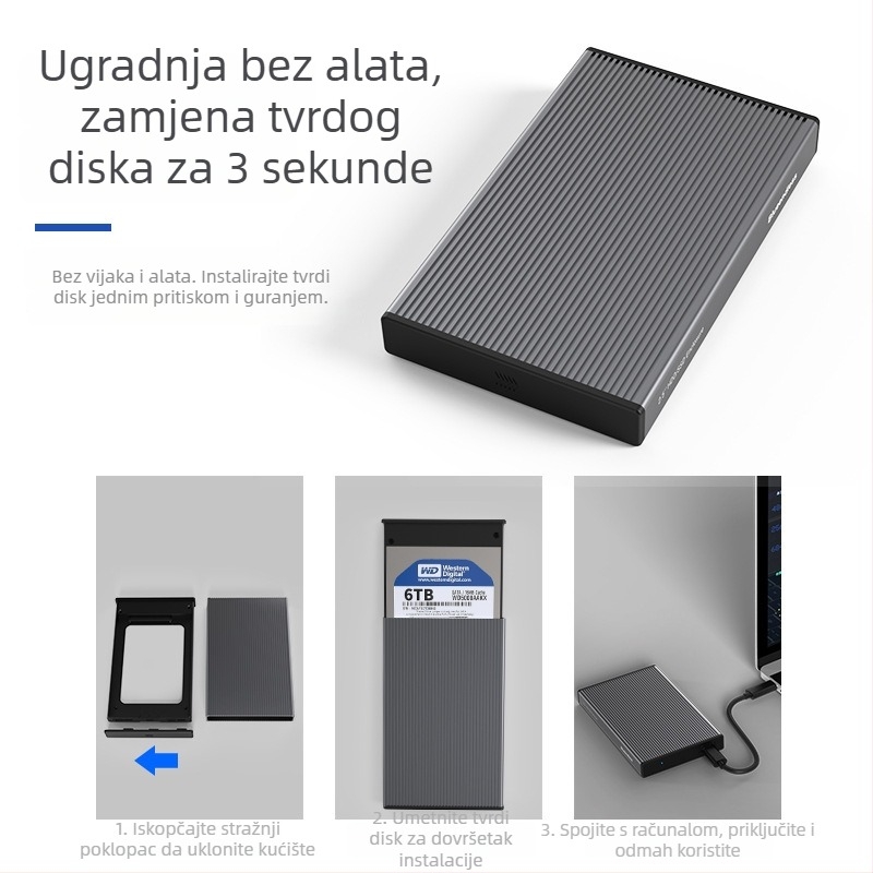 Vanjska kutija za SSD SATA s USB 3.0 i Type-C, aluminijska legura + ABS, do 4TB, prijenos do 6 Gbps