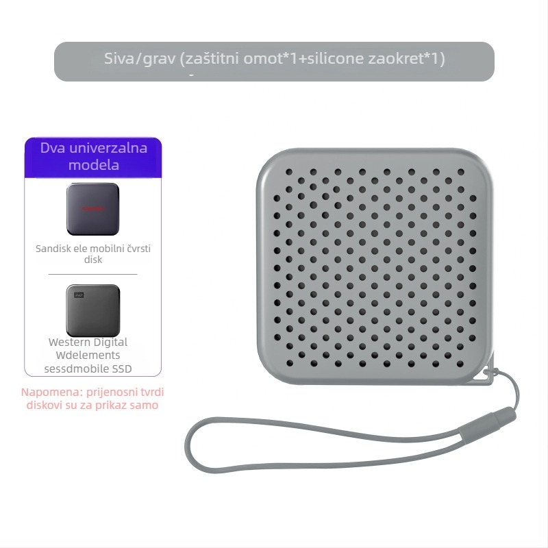 Silicone kućište za Sandisk Ele mobilni SSD Elements SE – model 130a s 116 silikonanim lanyardom; paket uključuje zaštitno kućište i lanyard; brend Xqctek
