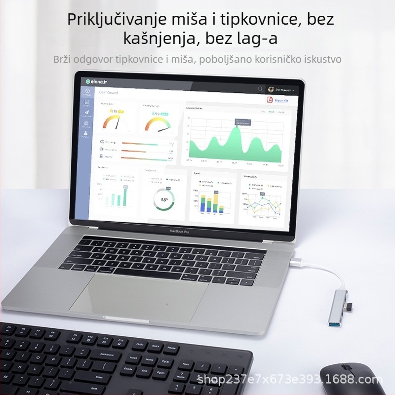 USB-C hub za notebook s USB 3.0 extenderom, multiportni prošireni dock, aluminijska kućišta, 10 cm kabel, 1–4 portova