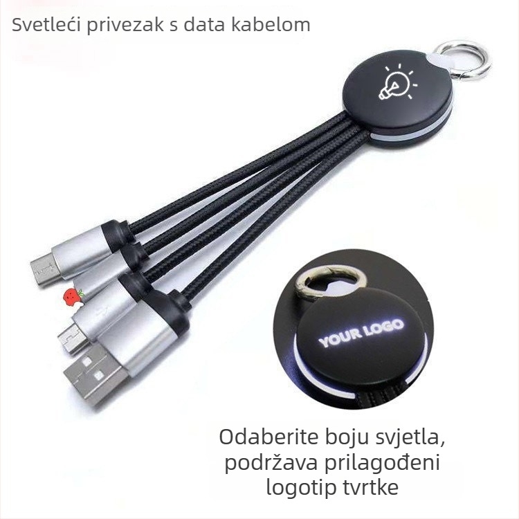 4-u-1 kabel za podatke i punjenje s privjeskom – Lightning, Micro USB i Type-C; podjela 1 na 3; indikator svjetla; pleteni kabel; maksimalna snaga 5W