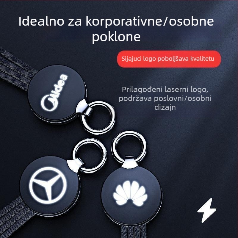 4-u-1 kabel za podatke i punjenje s privjeskom – Lightning, Micro USB i Type-C; podjela 1 na 3; indikator svjetla; pleteni kabel; maksimalna snaga 5W