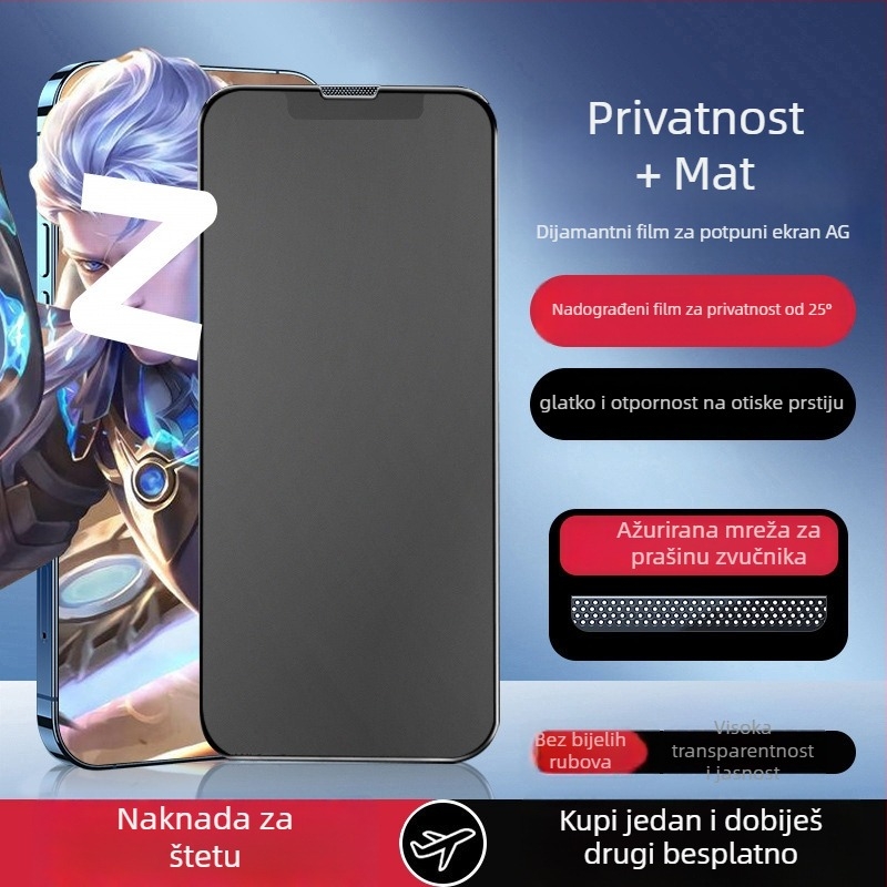 Zaštitno staklo za prednji zaslon iPhonea – mat završetak, otisci prstiju otporan, protiv špijuniranja