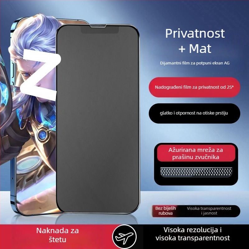 Zaštitno staklo za prednji zaslon iPhonea – mat završetak, otisci prstiju otporan, protiv špijuniranja
